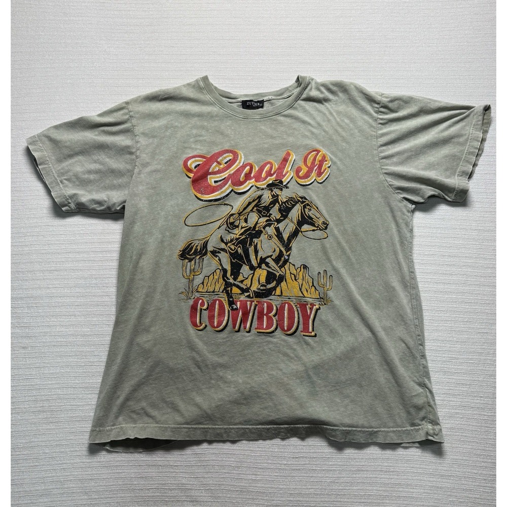 Zutter Shirt Women Cool It Cowboy Graphic Distressed Tan/Grey Size M 100% Cotton
